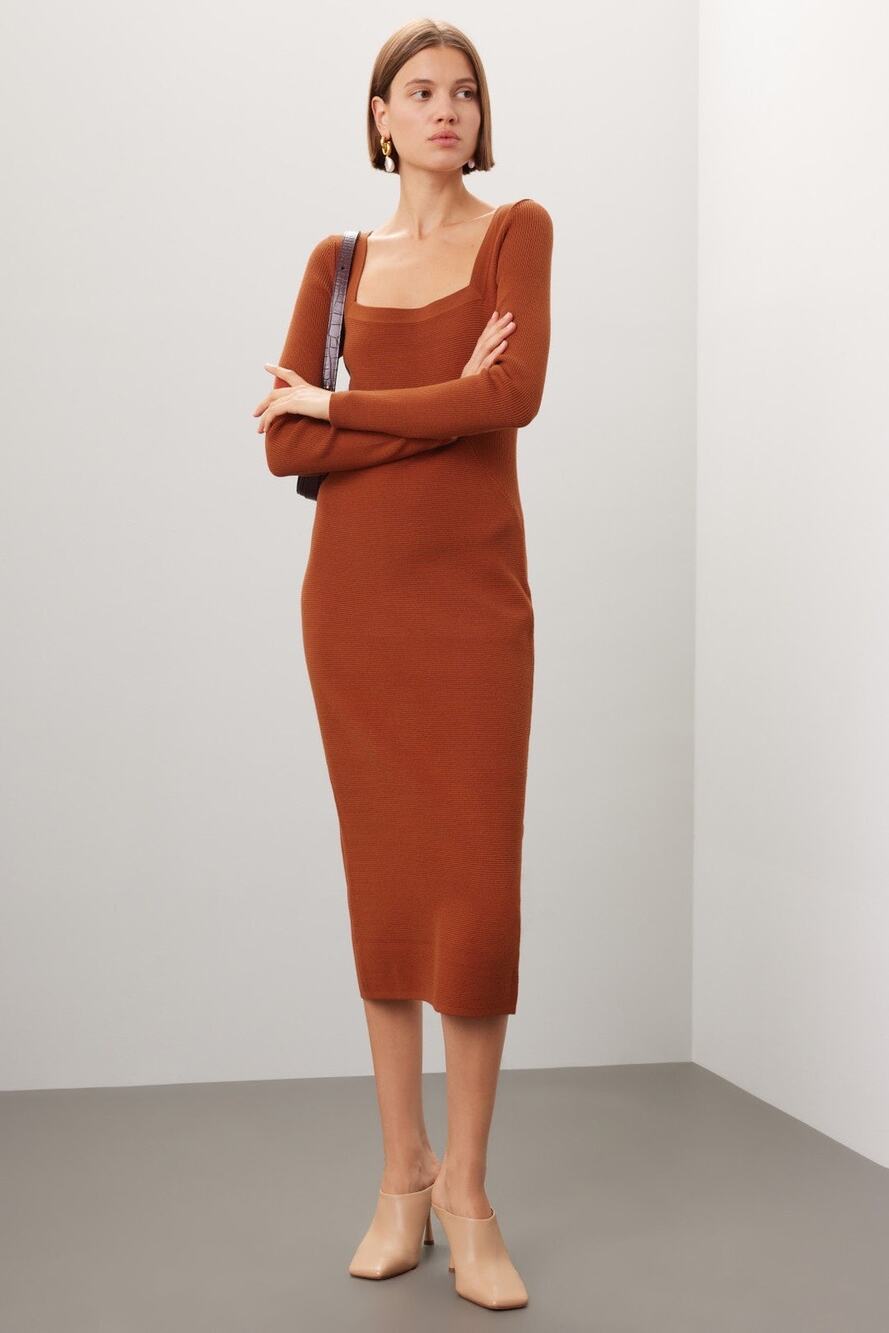 Toccin Rust Brown Sweater Knit Long Sleeve Square Neck Midi Dress Size Medium